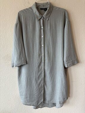 Tahari Womens Shirt Dress Tunic Coverup Size XL Gray Button Up 3/4 Sleeve Linen